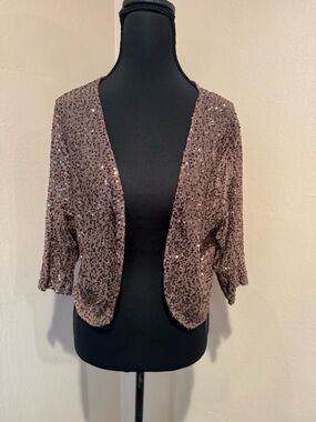 Party Concert Vibes Sequin Open-Front Cropped Cardigan - Bronze/Taupe